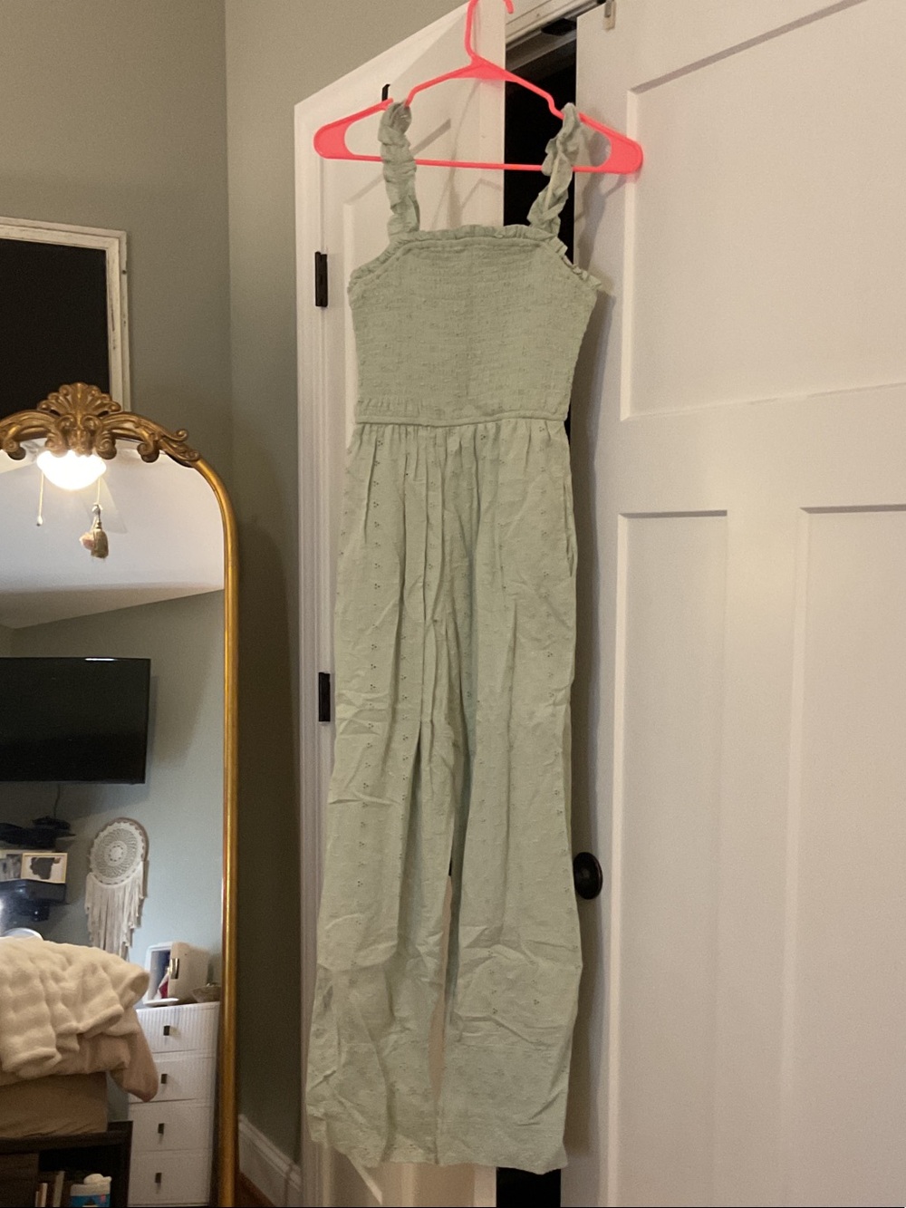 Jessica Simpson Sage Green Smocked Wide-Leg Jumpsuit